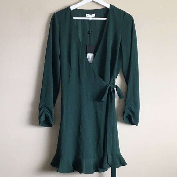 Gianni Bini Forest Green Long‎ Sleeve Ruffle Wrap Mini Dress - Size XS - Picture 4 of 12